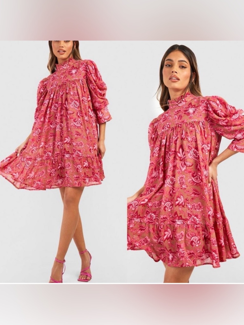 BOOHOO BOUTIQUE PRINTED PUFF SLEEVE RUFFLE NECK
SMOCK DRESS SIZE medium